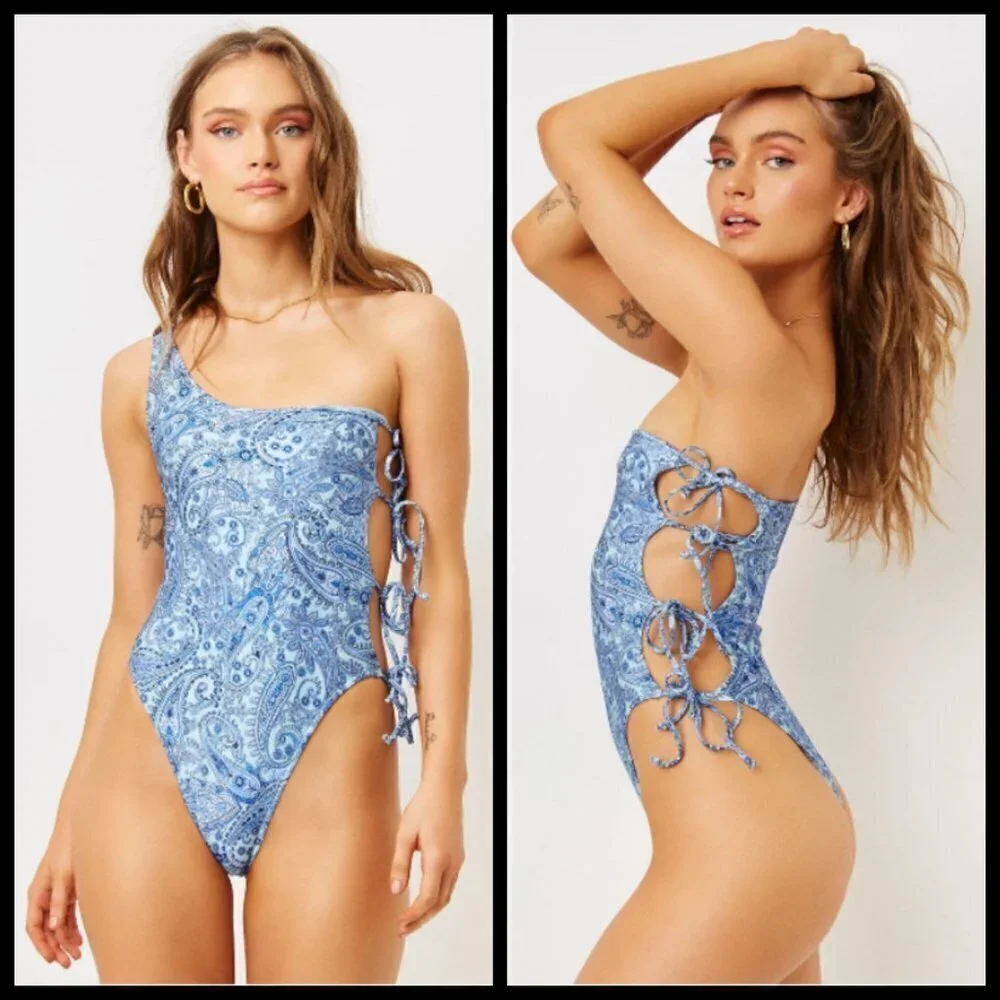 💕FRANKIE'S💕 Honey One Shoulder Cheeky Swimsuit ~ Blue Paisley L Large NWT